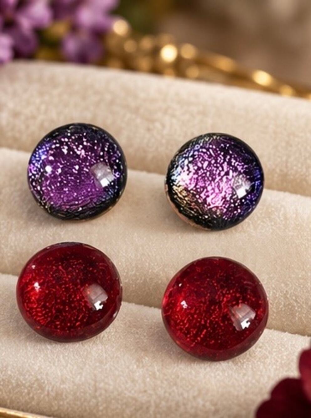 Zeekdog Studios Dichroic Fused Glass Stud Earrings 2 Pairs Purple and Reds